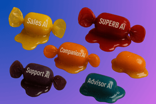 Wrapped sweets labelled Sales AI, Support AI, Companion AI, Advisor AI and Superb AI