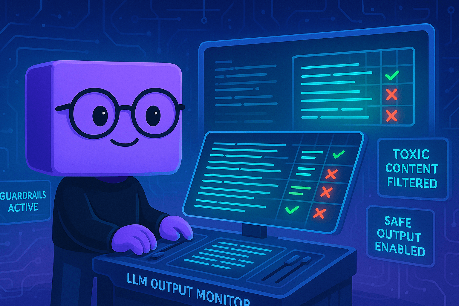 The Bud mascot at a console showing an LLM output monitor with toxic content filtered and safe output enabled