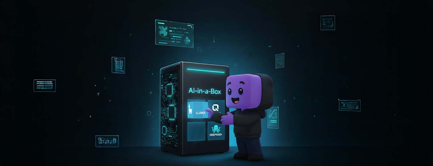 An AI-in-a-Box on-premise appliance, with the Bud mascot alongside it
