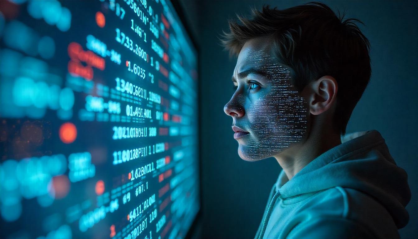 A person’s face lit by a wall of scrolling market data