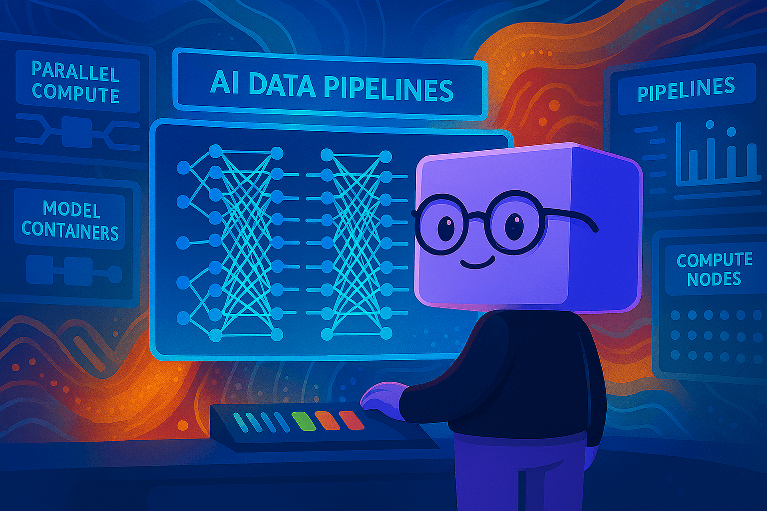 The Bud mascot at a console labelled AI data pipelines, with parallel compute, model containers and compute nodes