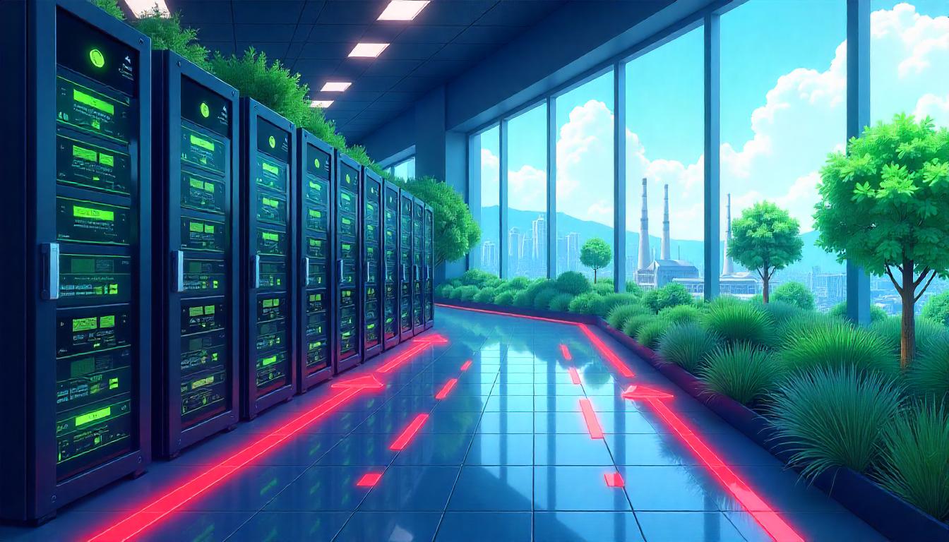 A data-centre aisle with server racks under a glass wall of trees and daylight