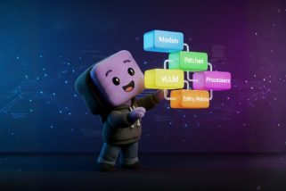 The Bud mascot assembling vLLM plugin components: models, patches, processors and entry points