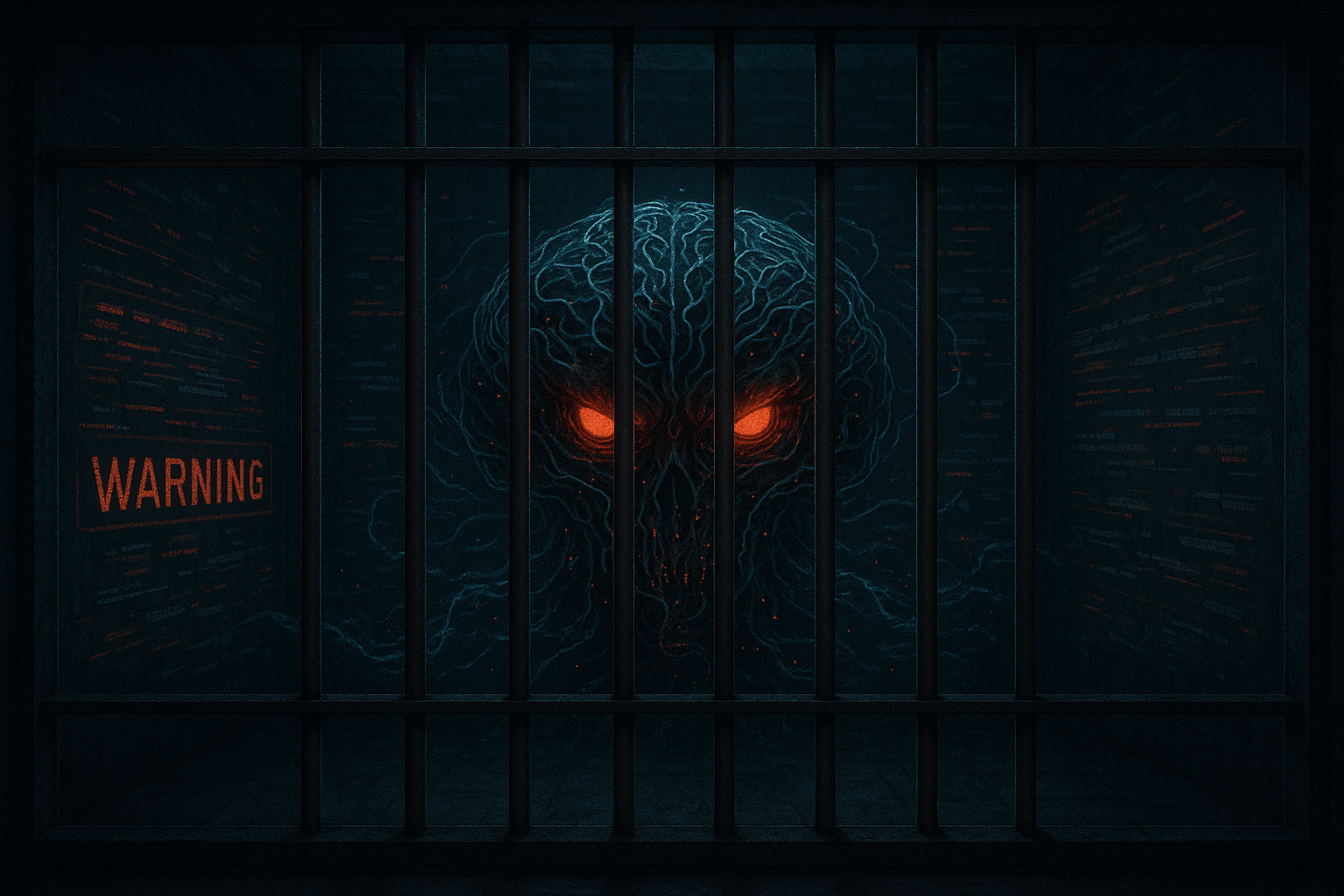 Glowing red eyes behind bars, with a warning sign