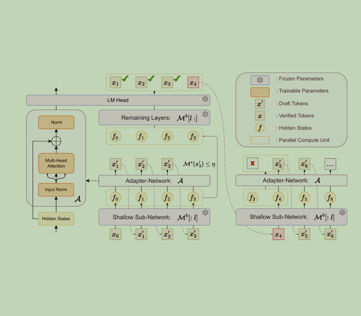 The Kangaroo architecture: a shallow sub-network of the target model feeds an adapter network and LM head to draft tokens, with the remaining layers verifying them; frozen parameters, trainable parameters, draft tokens, verified tokens and the parallel compute unit are keyed separately.