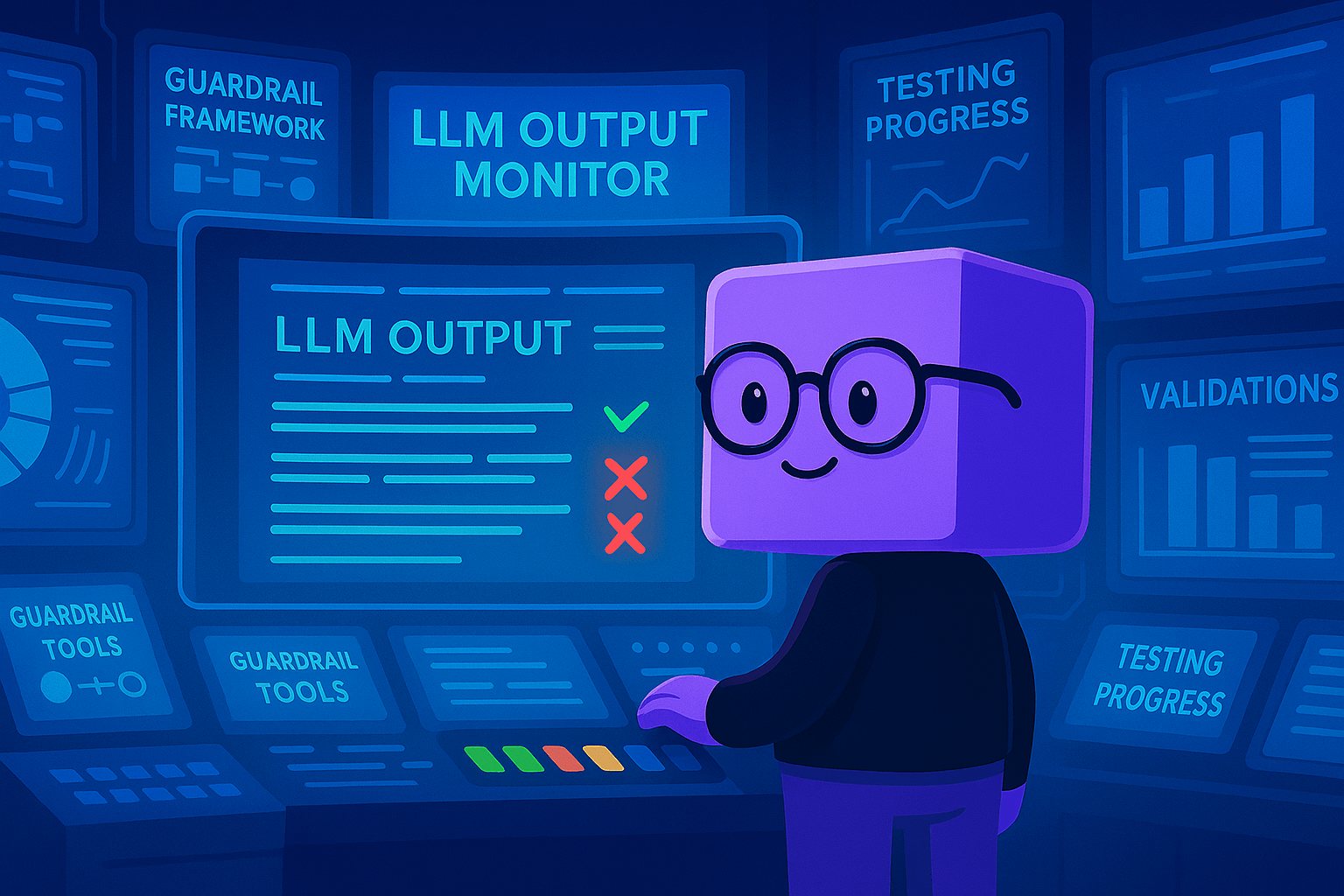 The Bud mascot at a guardrail framework console showing LLM output monitoring, validations and testing progress