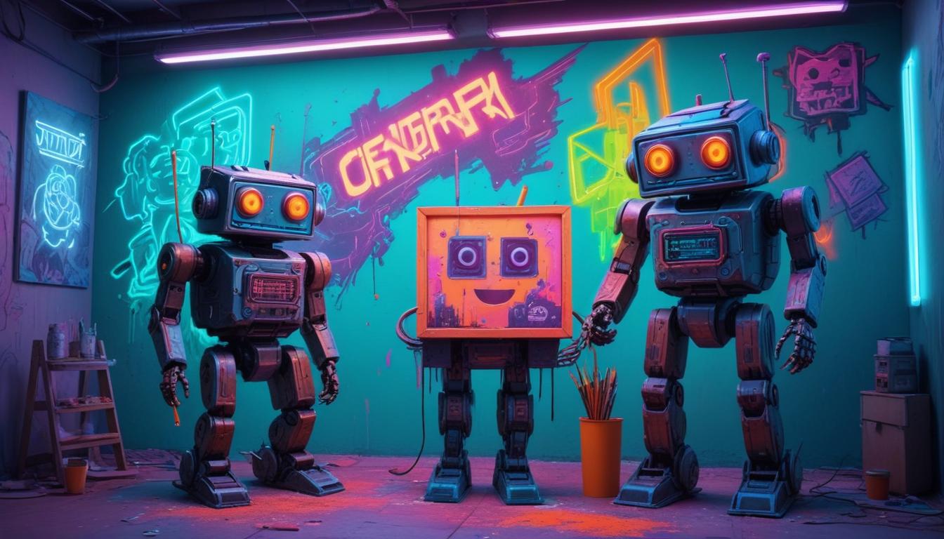 Robots spray-painting graffiti in a neon-lit workshop