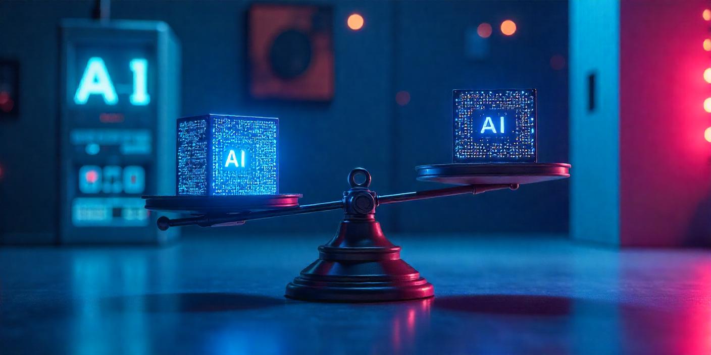 A seesaw balancing two illuminated AI panels in a dark room