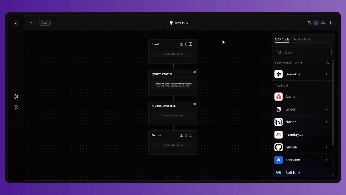 The native tools panel in Bud Agent Builder, showing Code Interpreter enabled on a prompt version alongside the other first-party tools.