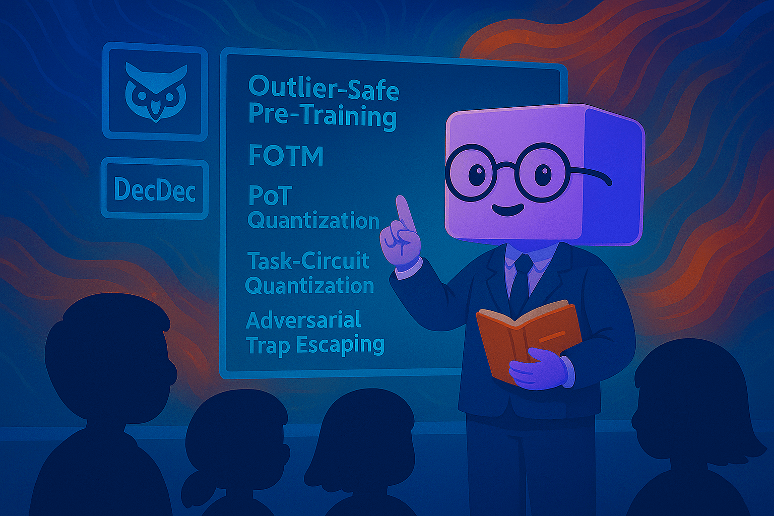 The Bud mascot lecturing an audience on outlier-safe pre-training, FOTM, PoT quantization, task-circuit quantization and adversarial trap escaping
